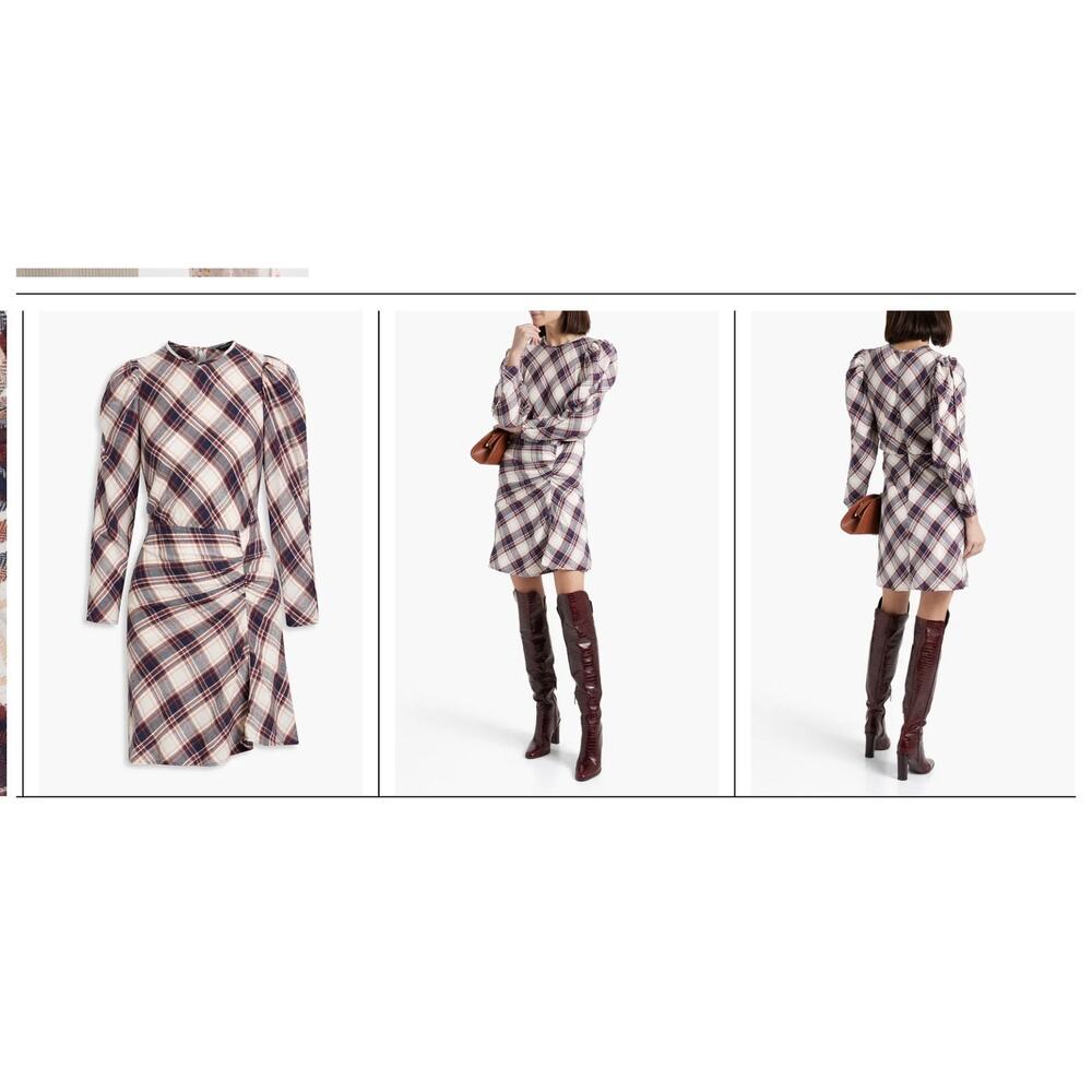 Veronica Beard Agnor Ruched Checked Cotton Flannel Mini Dress 0